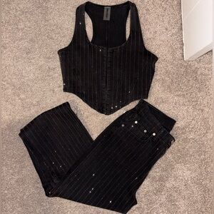 RAIN RHINESTONE TOP AND BOTTOM DENIM JEANS SET (BLACK)